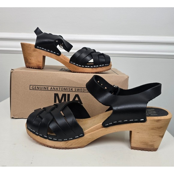 NEW MIA Womens Swedish Black Leather Clog Sandals Size 8 Betty  Wood Heel Retro - Picture 1 of 11
